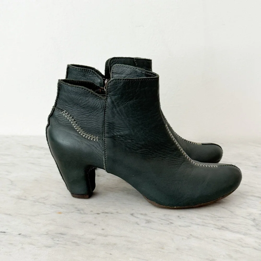 Artisan Sergio Tomani Leather Ankle Boots 38 Green Contrast Stitch Block Heel‎